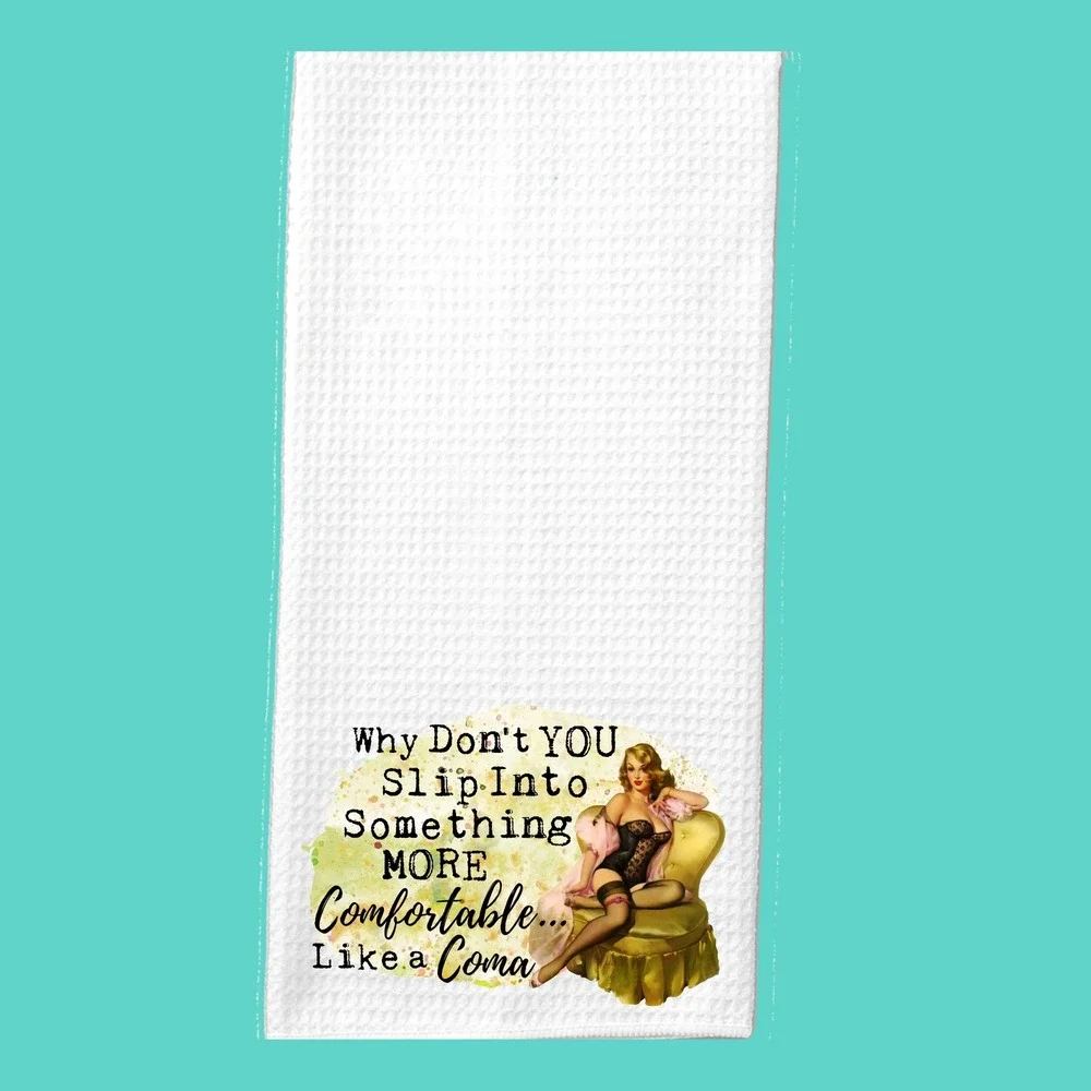 Vintage Pin Up Girl Waffle Weave Kitchen Towel White Sarcastic Coma Humor